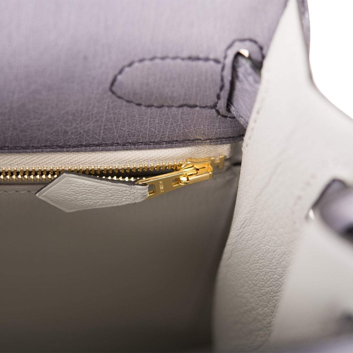 Hermes Kelly 28cm Bi-Color Gris Agate and Gris Perle Ostrich Sellier Brushed Gold Hardware