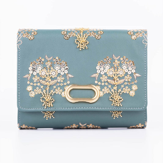 Teal Embellished Clutch with Floral Embroidery & Gold Chain
