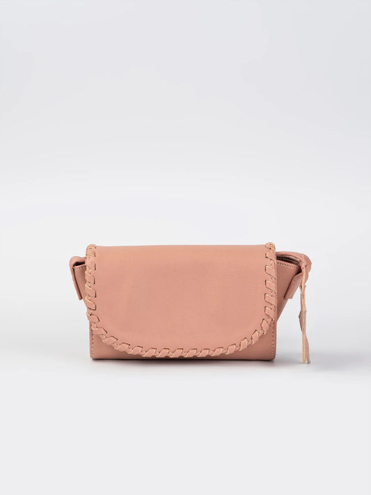 Blush Saddle Clutch Bag with Woven Edge Detail and Shoulder Strap