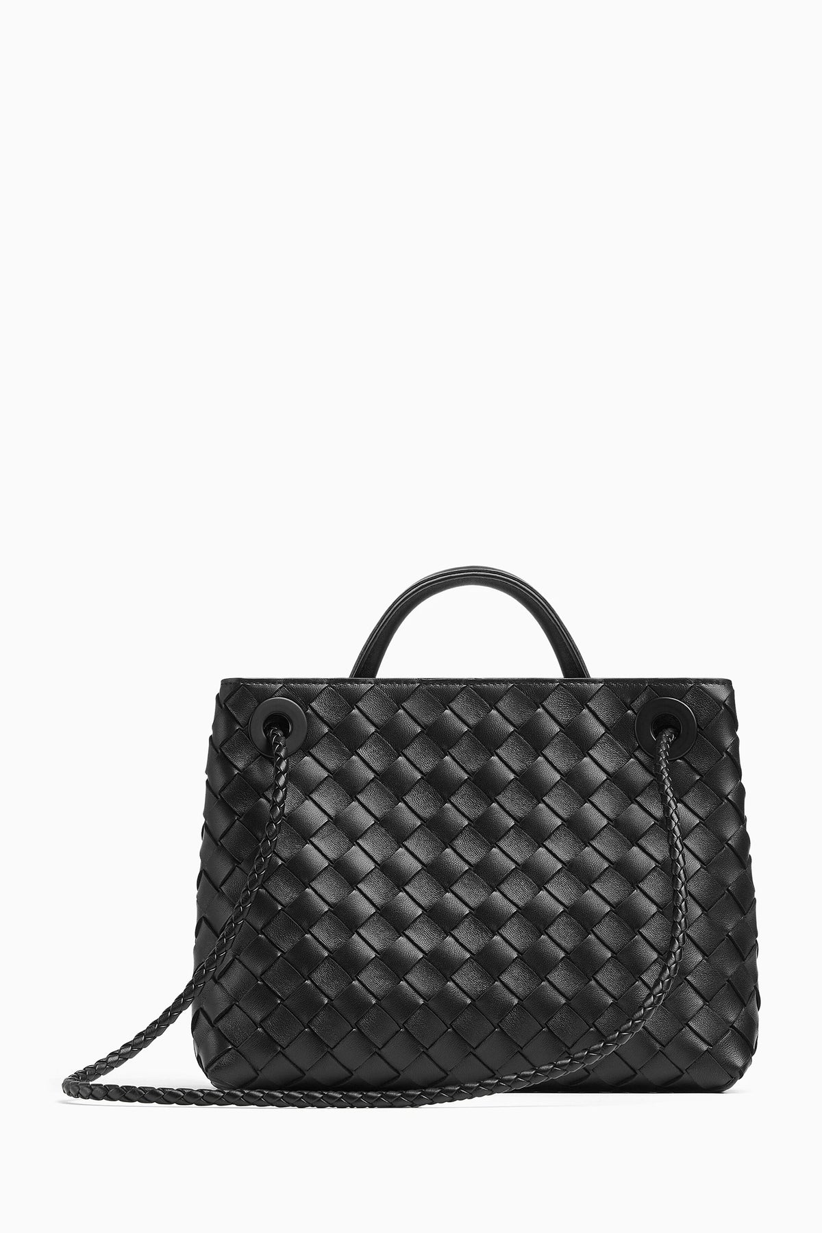 Bottega Veneta Small Andiamo Intrecciato Leather Top-Handle Black Bag