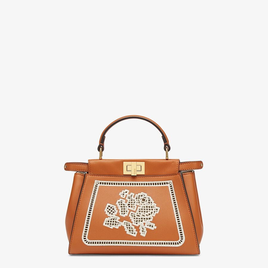 Fendi Peekaboo Mini Embroidered Brown Leather Bag