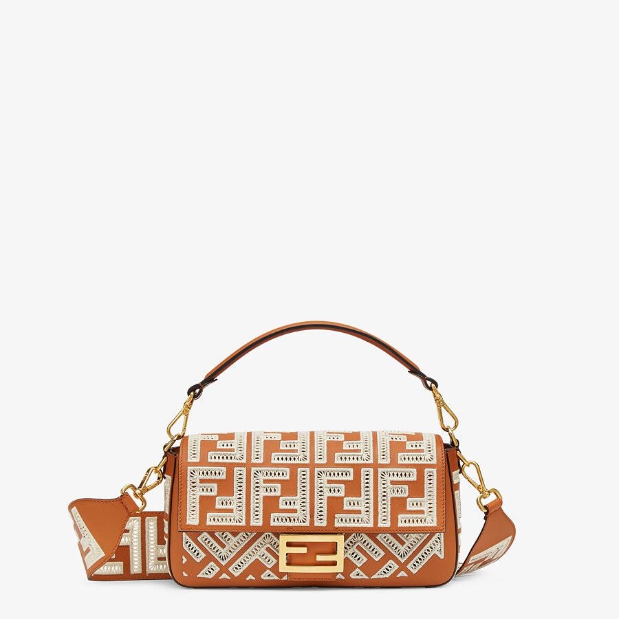 Fendi Baguette Medium Brown Leather Bag With FF Embroidery