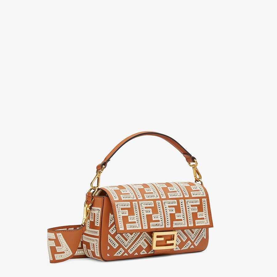 Fendi Baguette Medium Brown Leather Bag With FF Embroidery