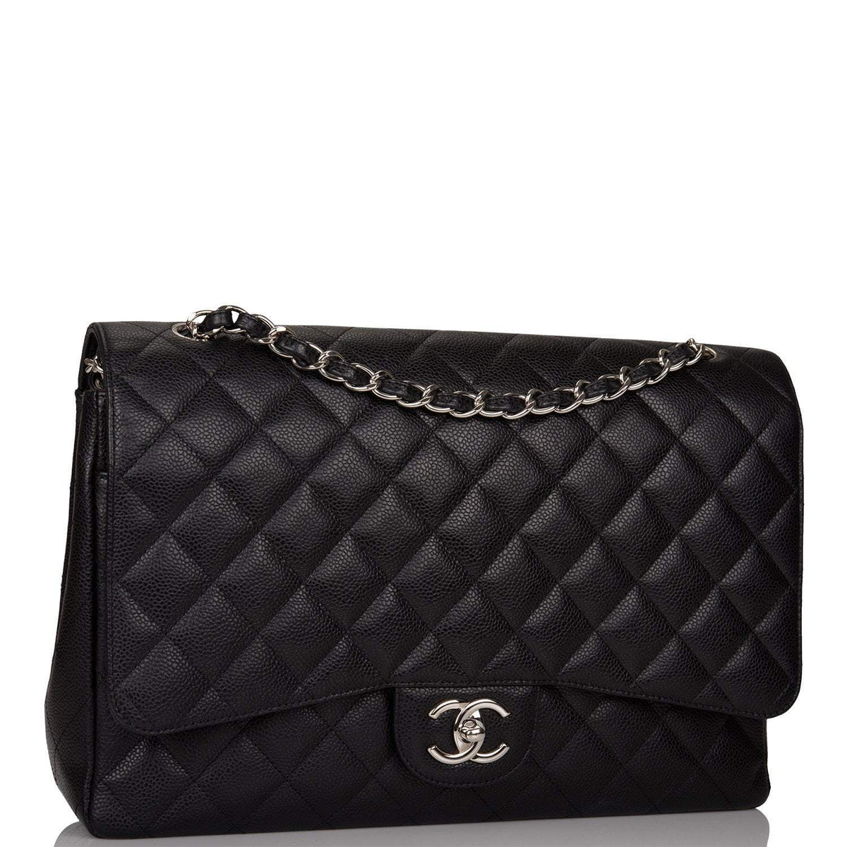 Chanel Maxi Classic Double Flap Bag Black Quilted Caviar Silver Hardware