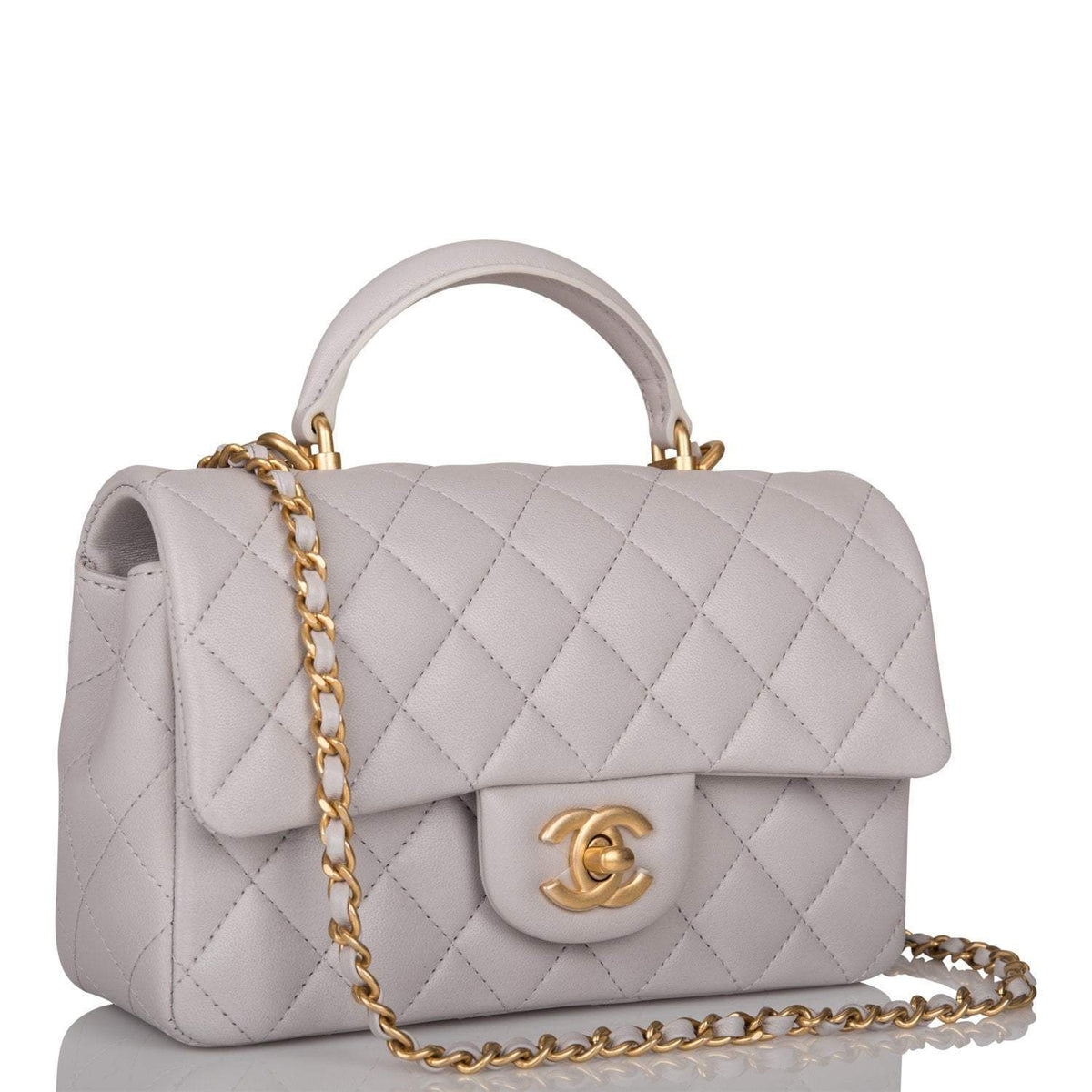 Chanel Mini Rectangular Flap Bag with Top Handle Gray Lambskin Antique Gold Hardware