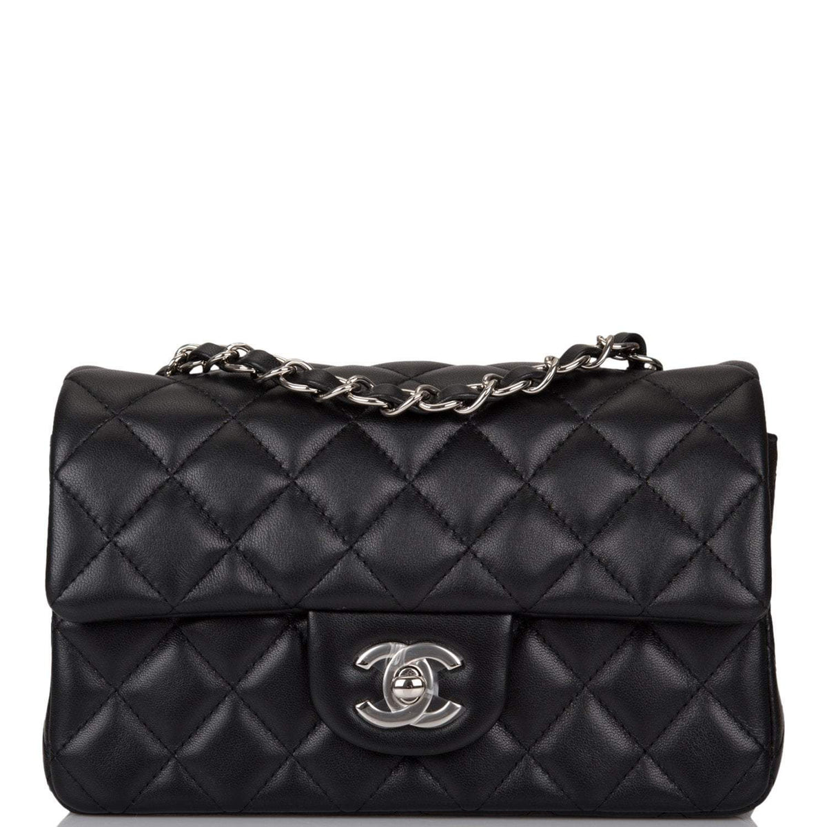 Chanel Mini Rectangular Flap Bag Black Lambskin Light Silver Hardware