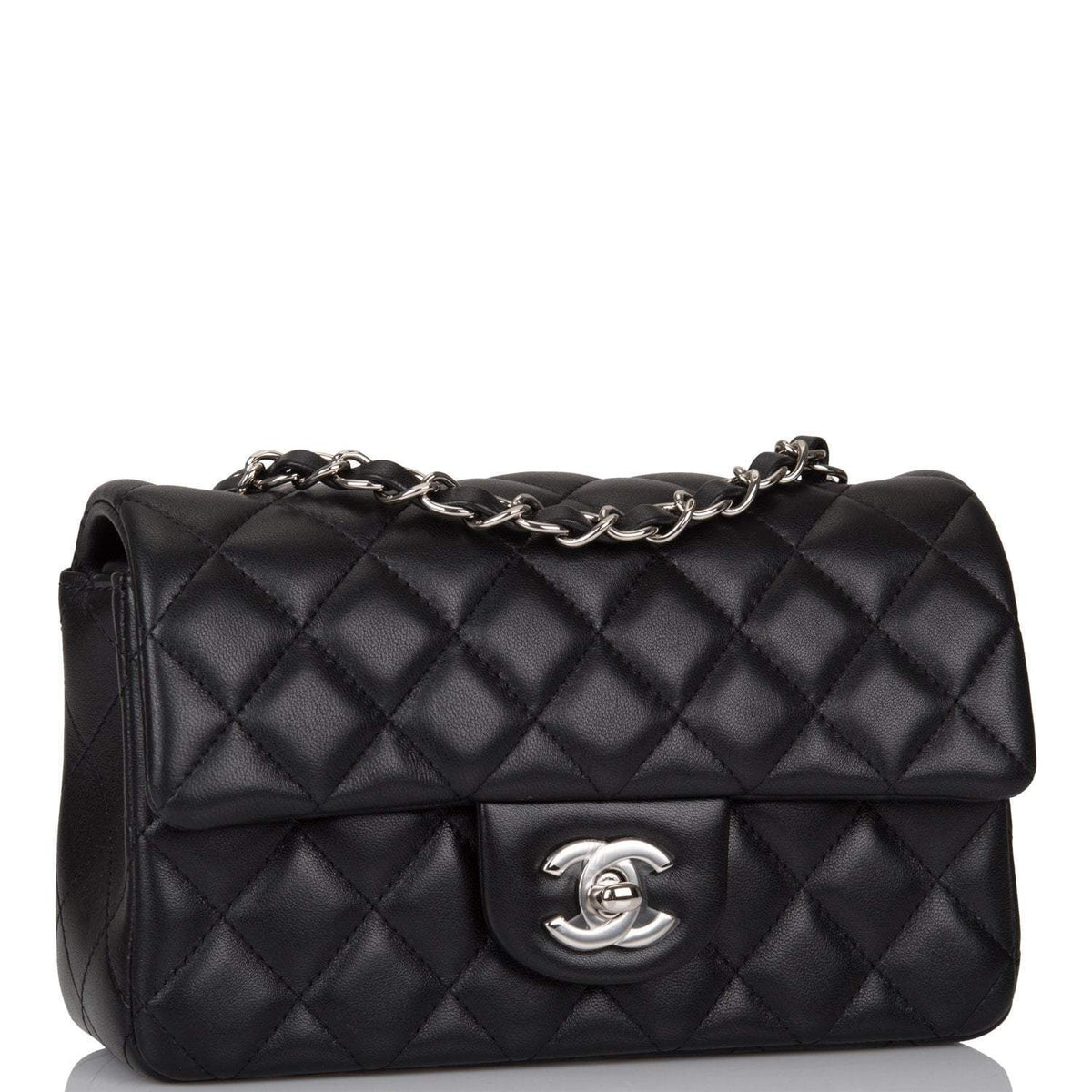 Chanel Mini Rectangular Flap Bag Black Lambskin Light Silver Hardware