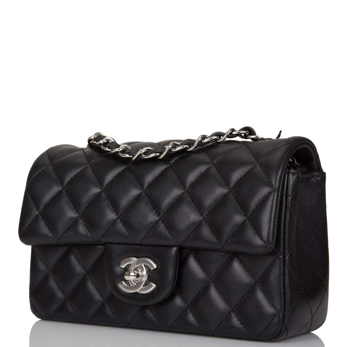 Chanel Mini Rectangular Flap Bag Black Lambskin Light Silver Hardware