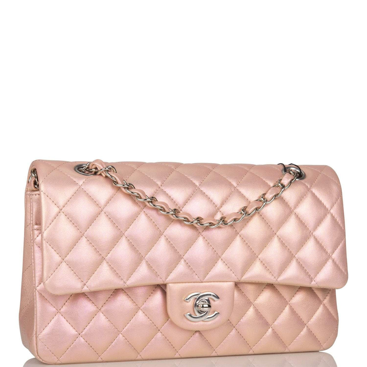 Chanel Medium Classic Double Flap Bag Pink Iridescent Lambskin Silver Hardware