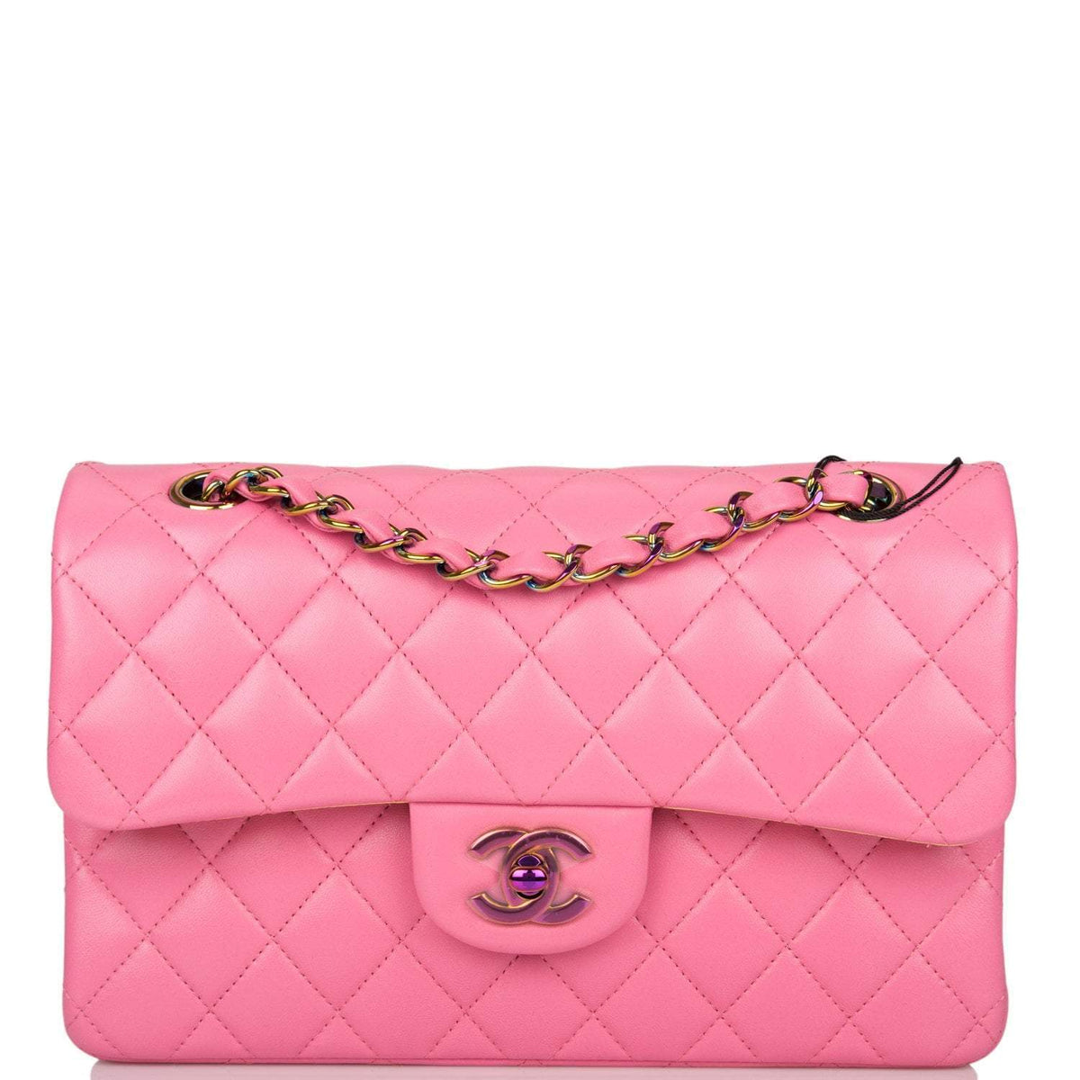 Chanel Pink Quilted Lambskin Small Classic Double Flap Bag Rainbow Hardware