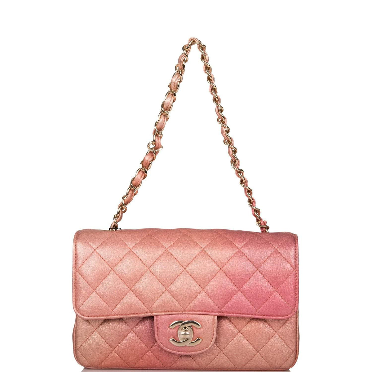 Chanel Pink Ombre Quilted Metallic Lambskin Rectangular Mini Classic Flap Bag Light Gold Hardware
