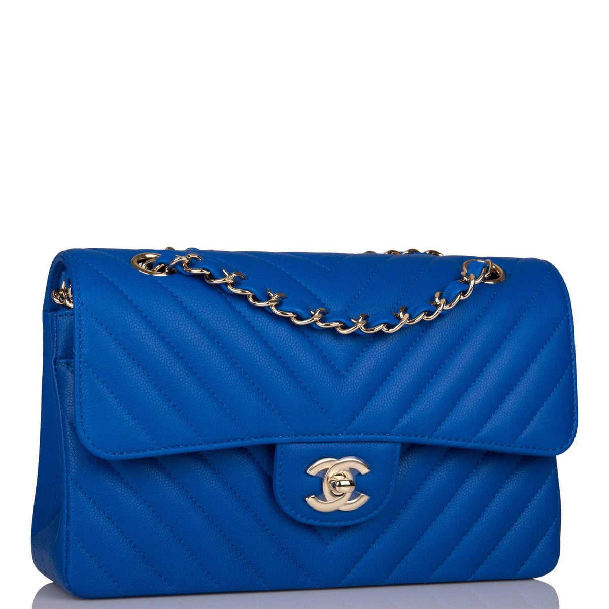 Chanel Small Classic Double Flap Blue Chevron Caviar Gold Hardware