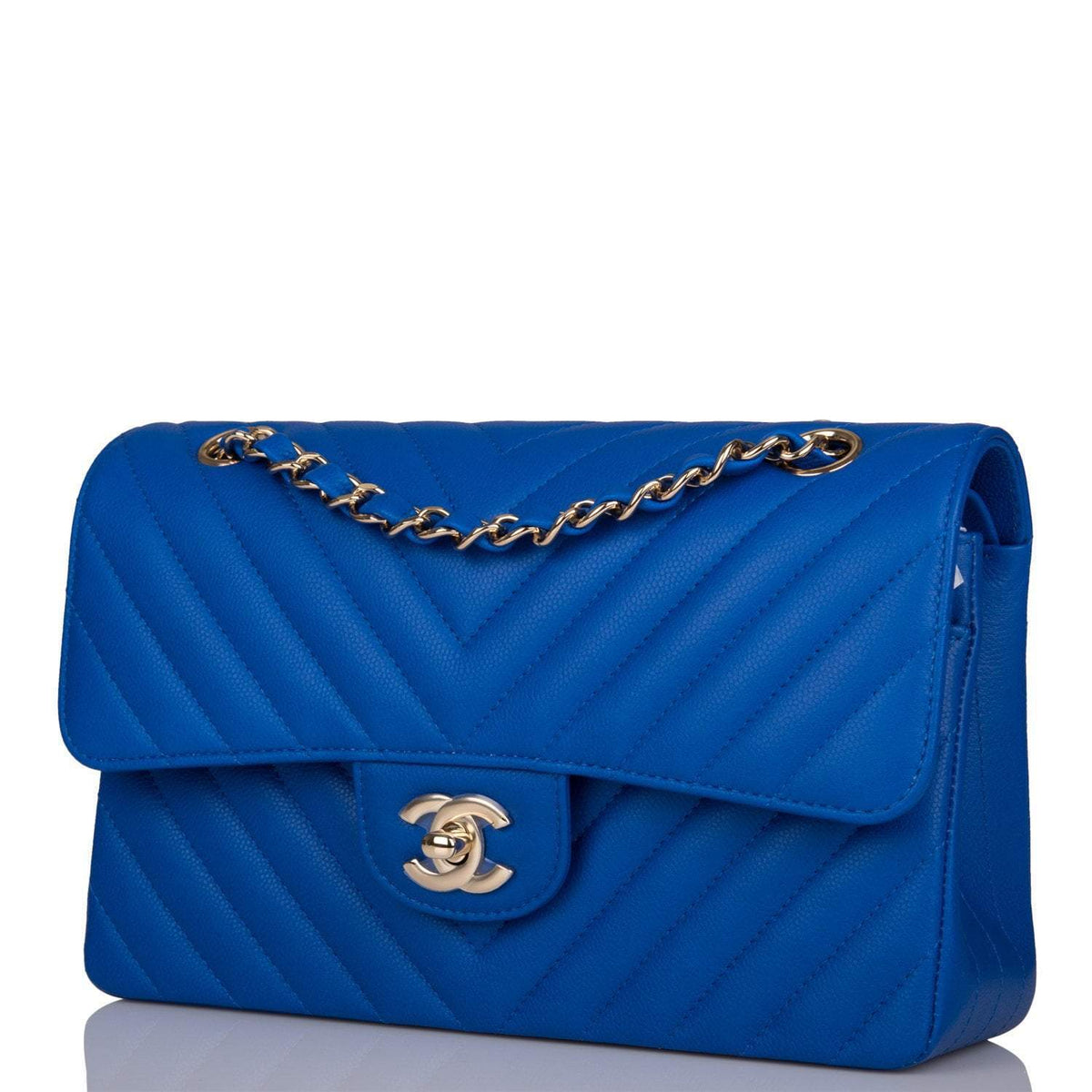 Chanel Small Classic Double Flap Blue Chevron Caviar Gold Hardware