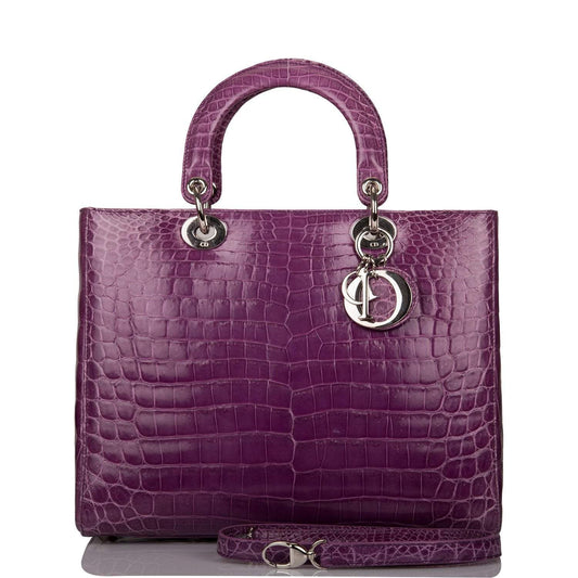 Christian Dior Purple Large Lady Dior Crocodile Tote Silver Hardware