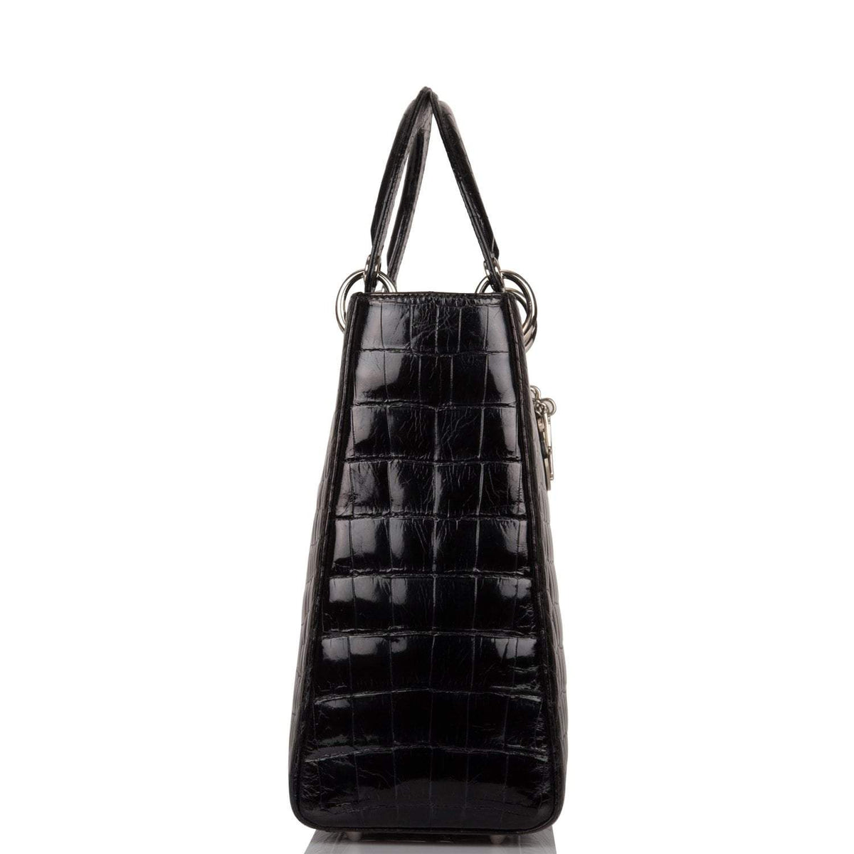 Christian Dior Black Large Lady Dior Crocodile Tote Silver Hardware