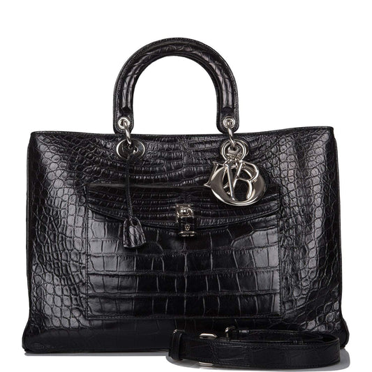 Christian Dior Black Diorissimo Pocket Matte Alligator Tote Silver Hardware