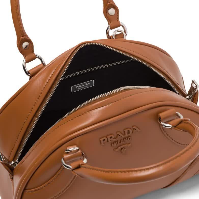 Prada Bowling Bag, Soft Calfskin, Cognac Leather, 12.5in