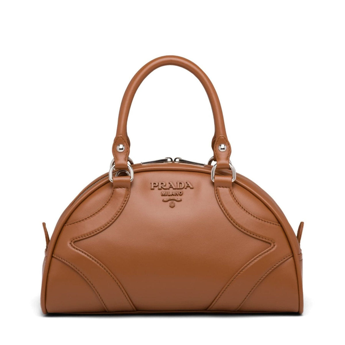 Prada Bowling Bag, Soft Calfskin, Cognac Leather, 12.5in