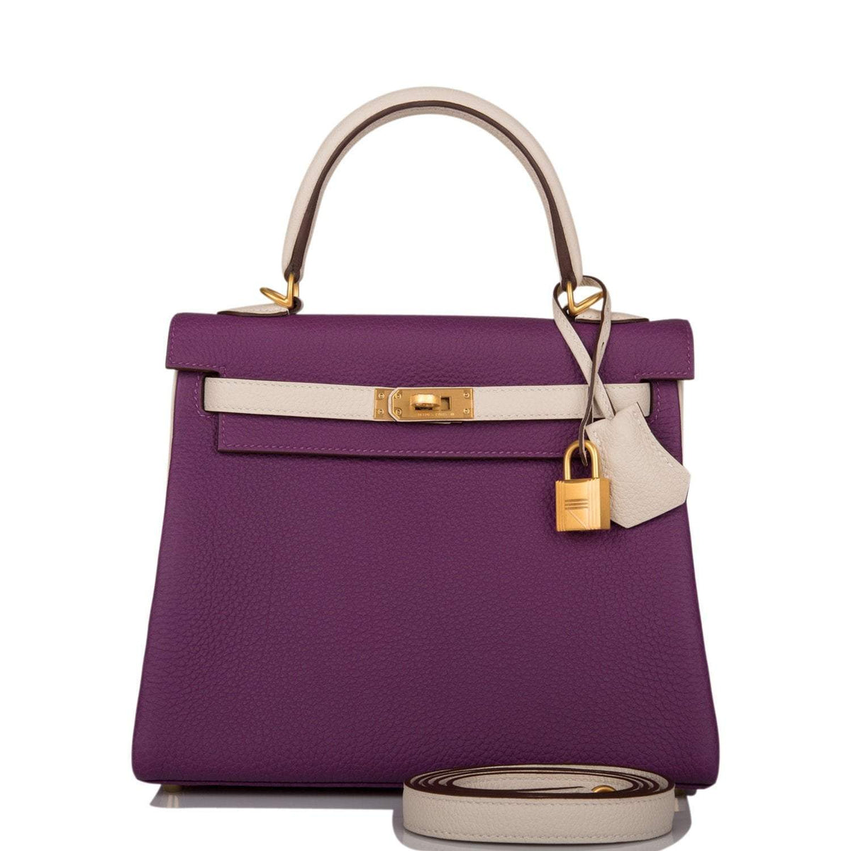 Hermes Kelly 25cm, Brushed Gold, Anemone Craie Togo Retourne