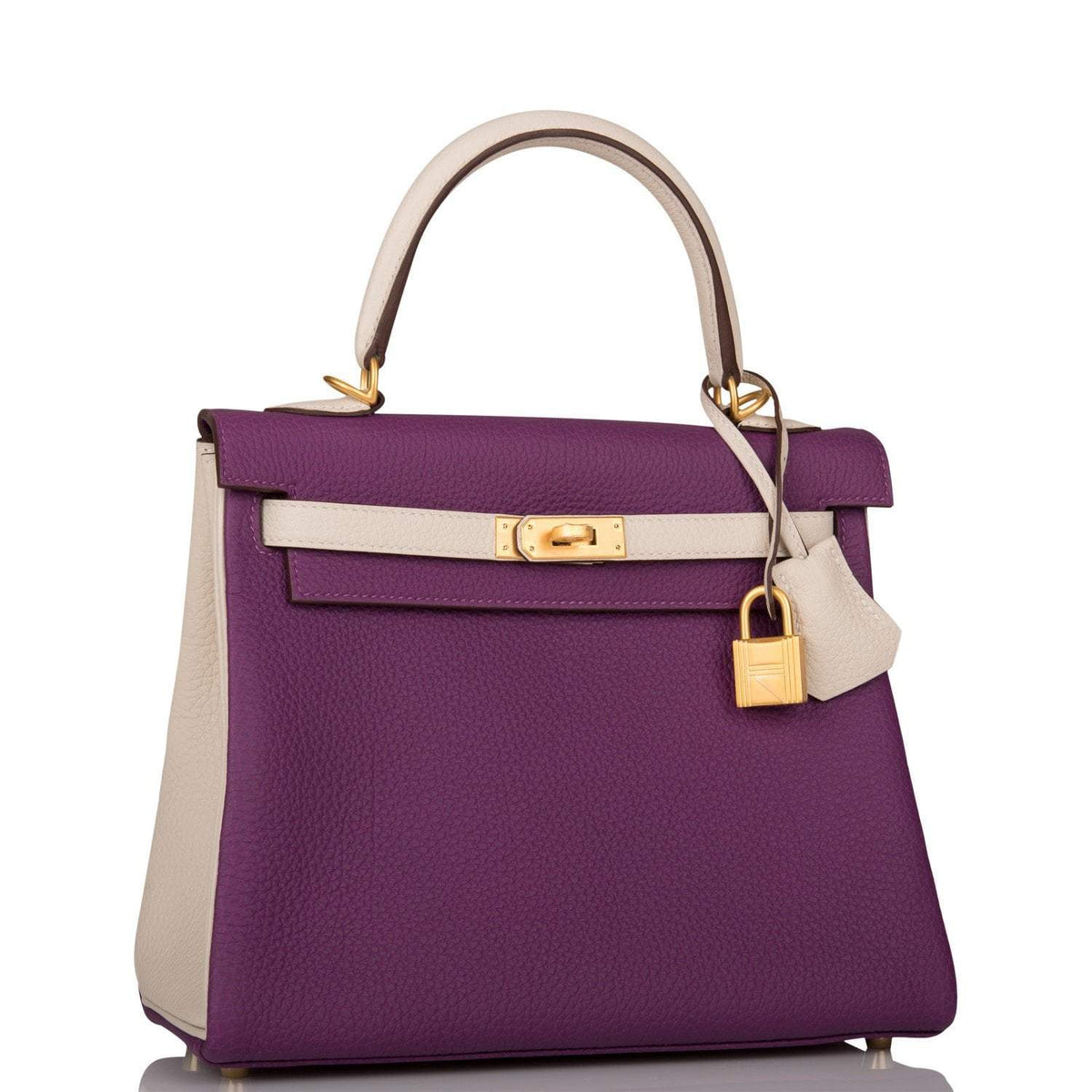 Hermes Kelly 25cm, Brushed Gold, Anemone Craie Togo Retourne