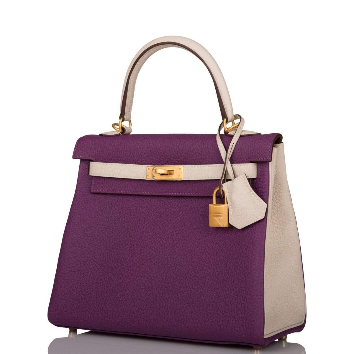 Hermes Kelly 25cm, Brushed Gold, Anemone Craie Togo Retourne