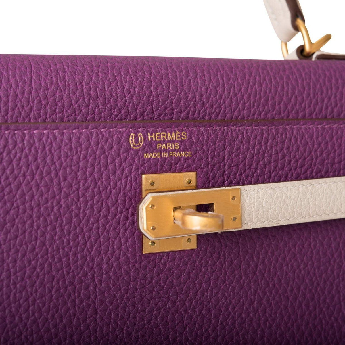 Hermes Kelly 25cm, Brushed Gold, Anemone Craie Togo Retourne