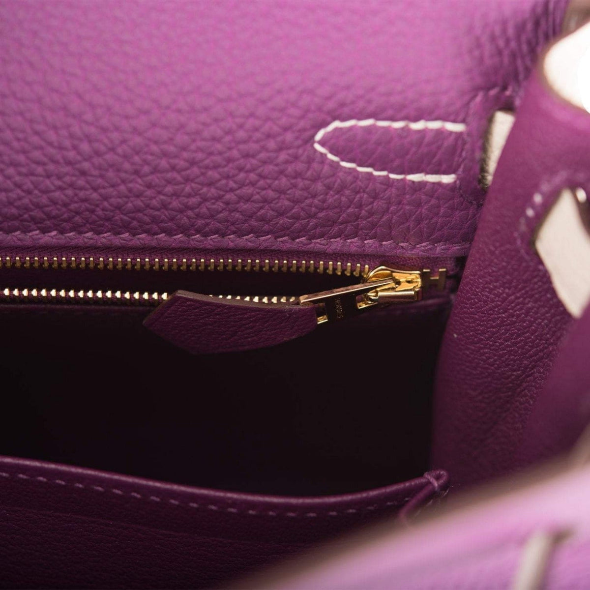 Hermes Kelly 25cm, Brushed Gold, Anemone Craie Togo Retourne