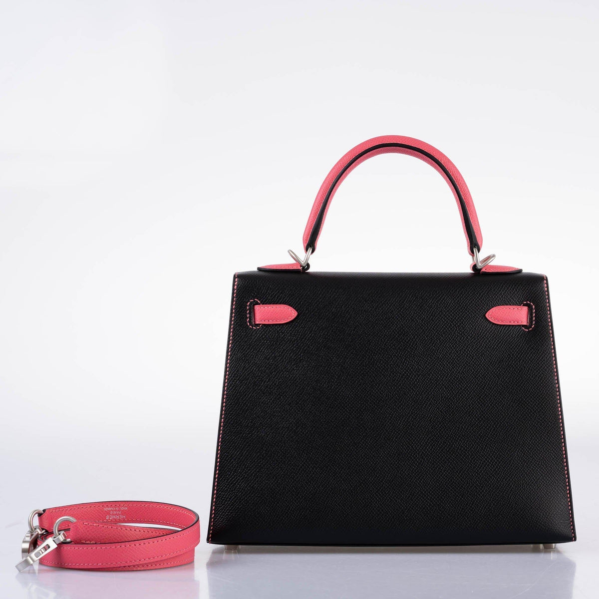 Hermes Kelly 25 Sellier, Rose Azalee & Black Epsom, Palladium
