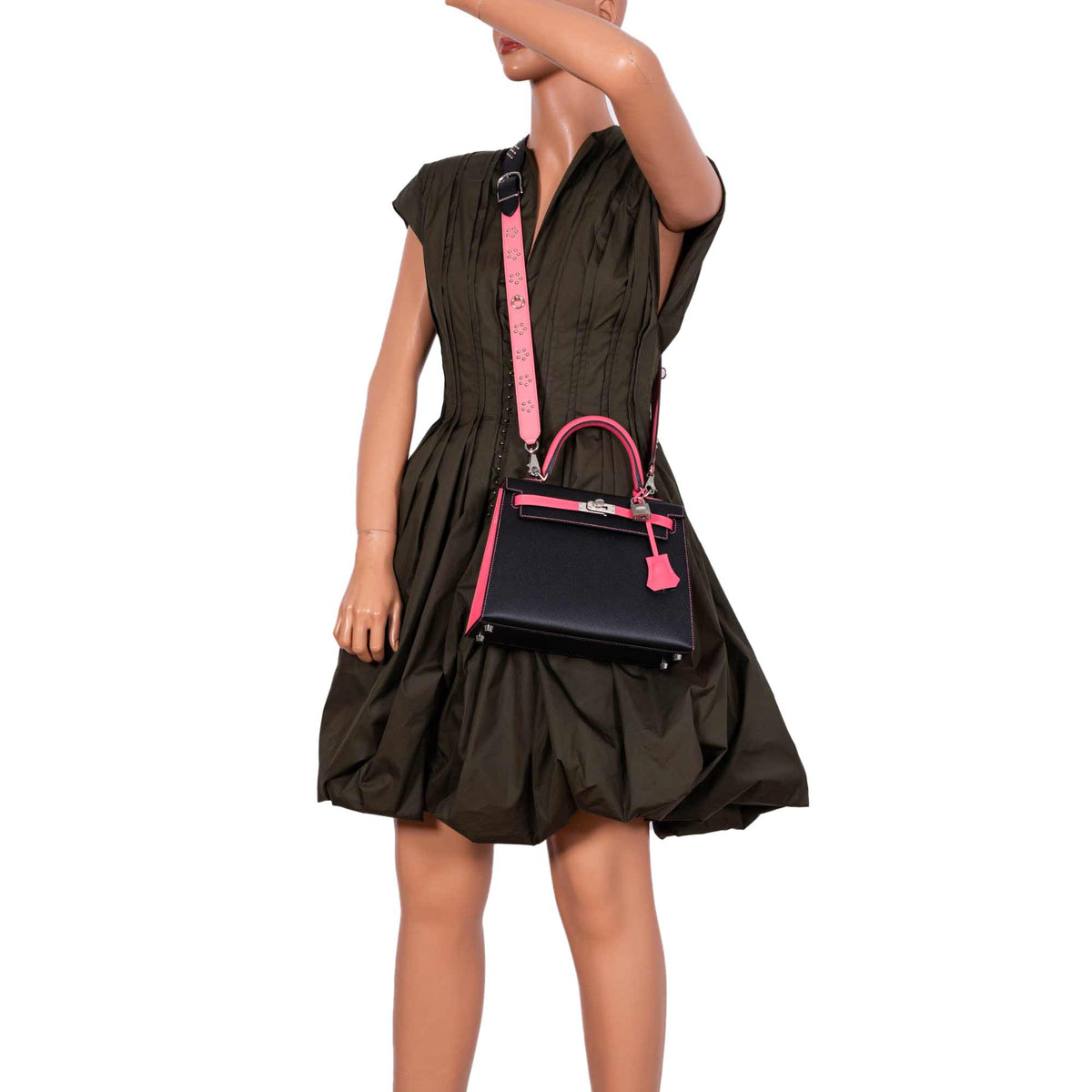 Hermes Kelly 25 Sellier, Rose Azalee & Black Epsom, Palladium
