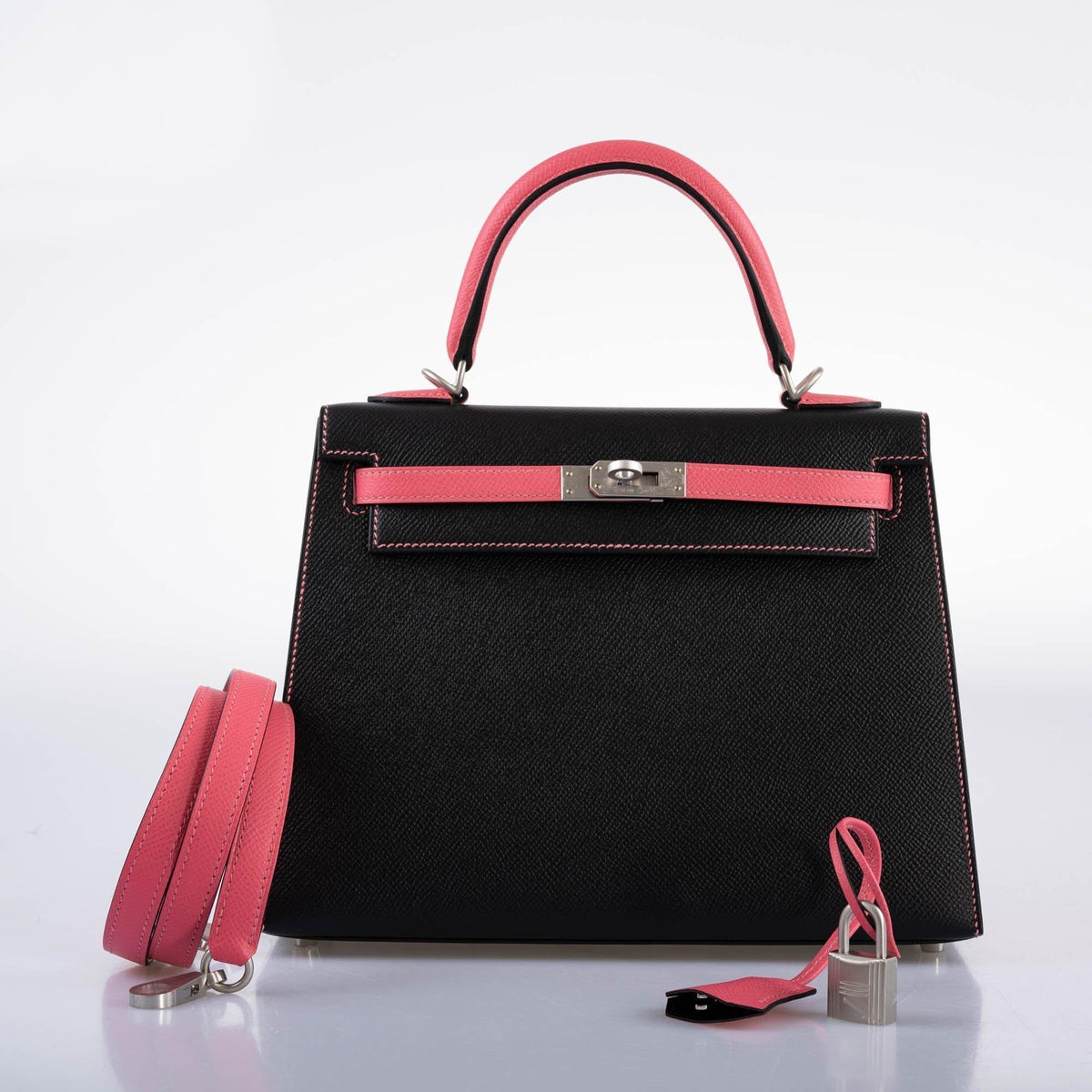 Hermes Kelly 25 Sellier, Rose Azalee & Black Epsom, Palladium