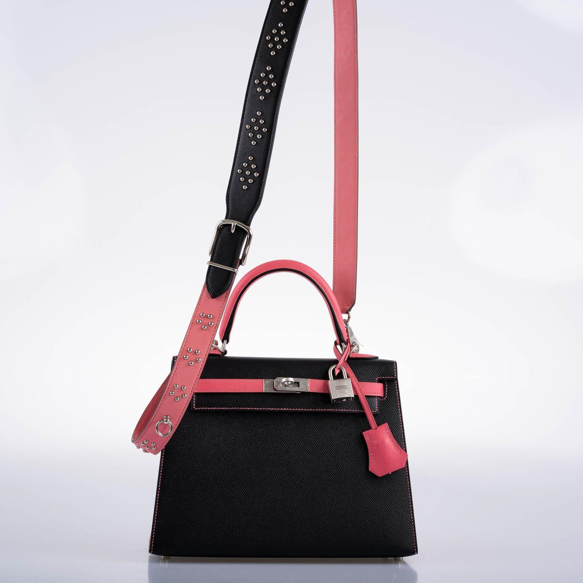Hermes Kelly 25 Sellier, Rose Azalee & Black Epsom, Palladium