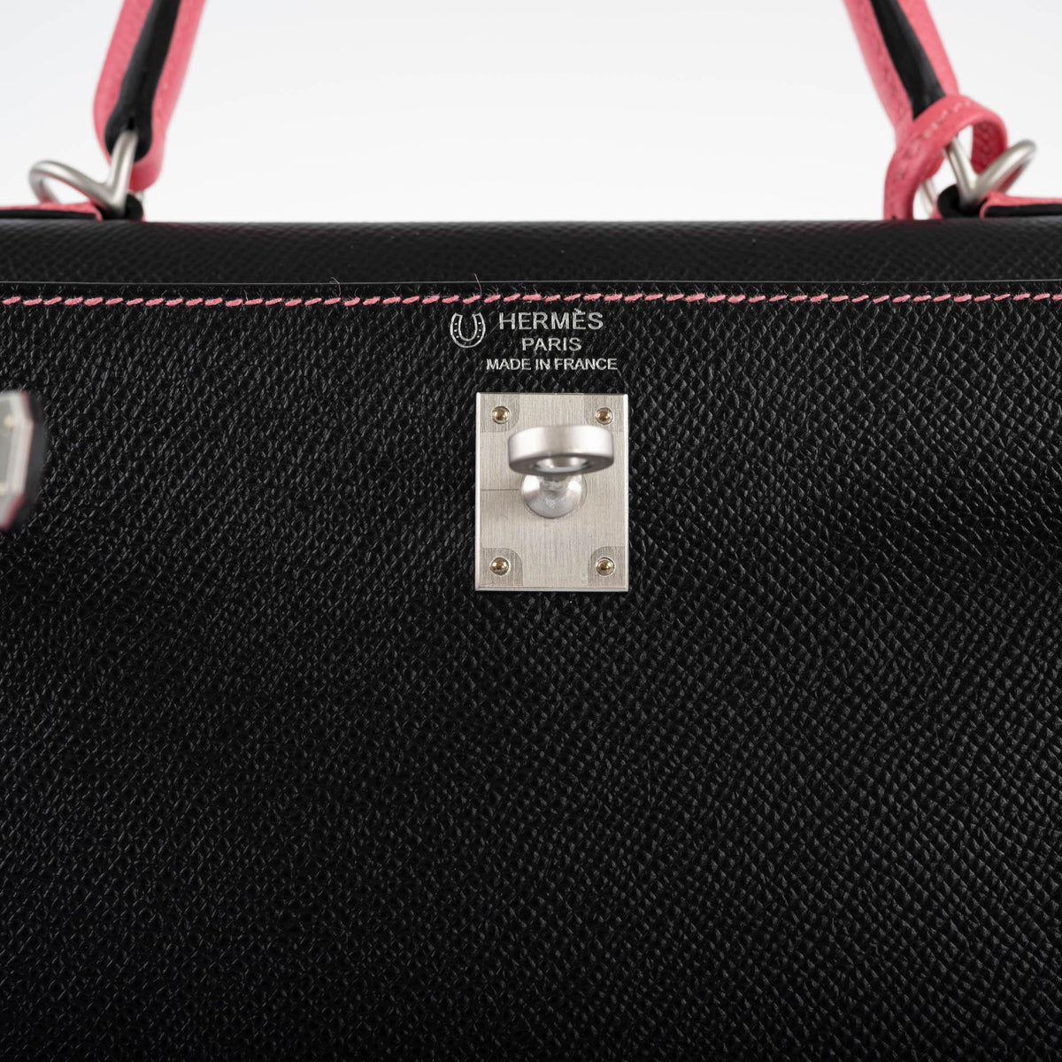 Hermes Kelly 25 Sellier, Rose Azalee & Black Epsom, Palladium