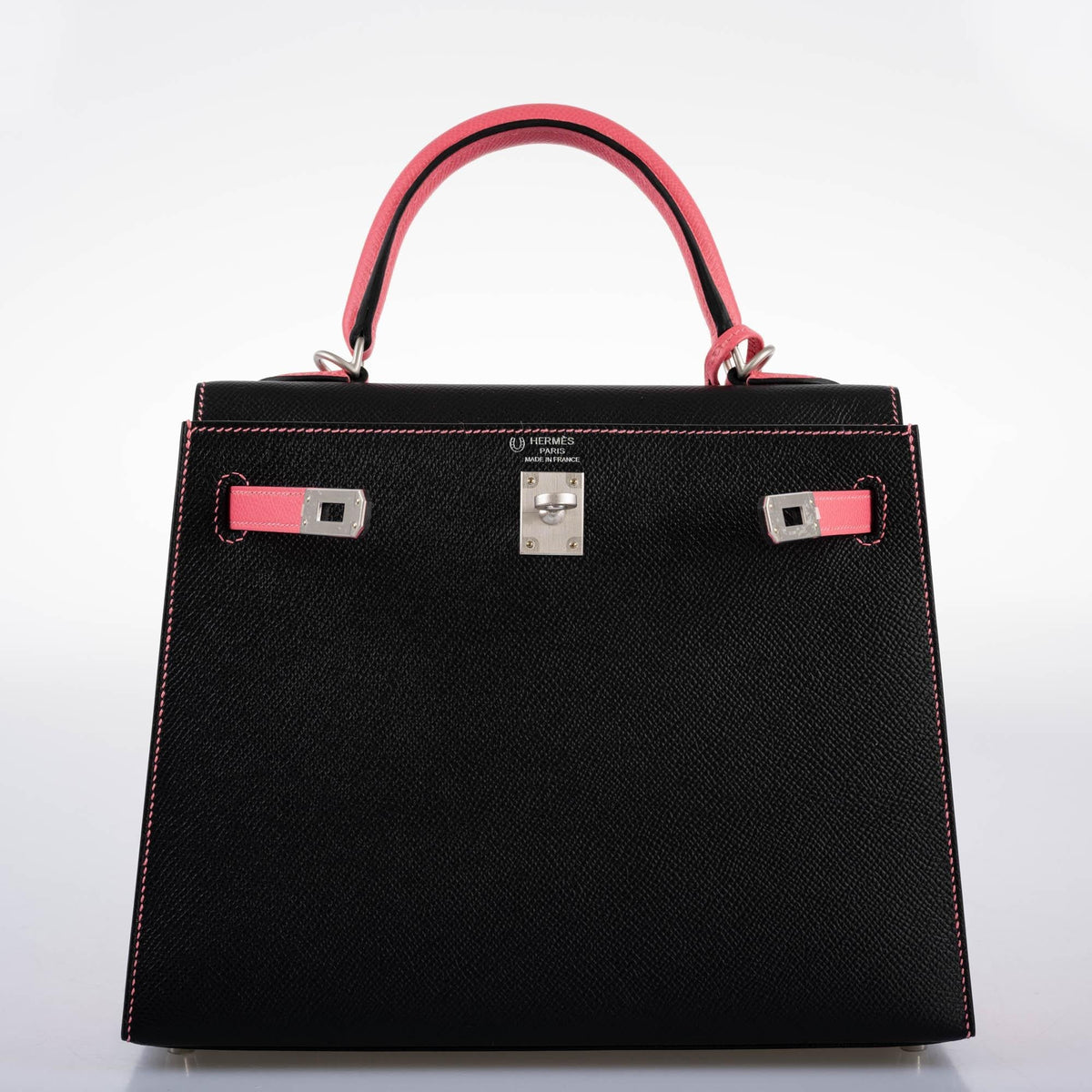 Hermes Kelly 25 Sellier, Rose Azalee & Black Epsom, Palladium