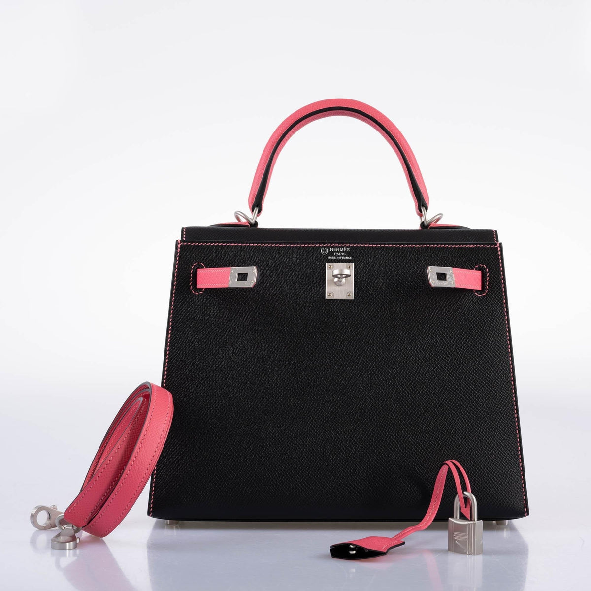 Hermes Kelly 25 Sellier, Rose Azalee & Black Epsom, Palladium