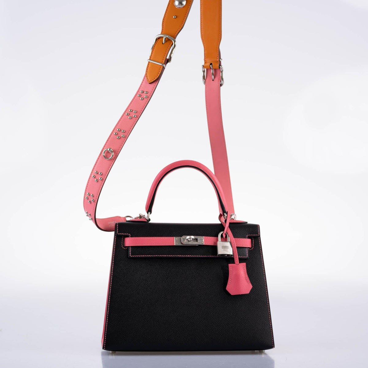 Hermes Kelly 25 Sellier, Rose Azalee & Black Epsom, Palladium