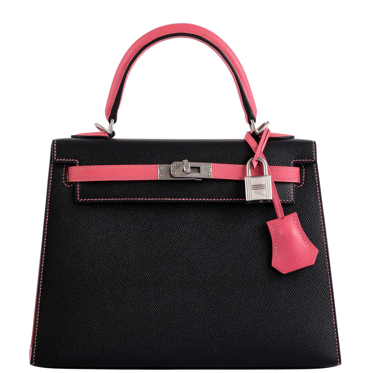 Hermes Kelly 25 Sellier, Rose Azalee & Black Epsom, Palladium