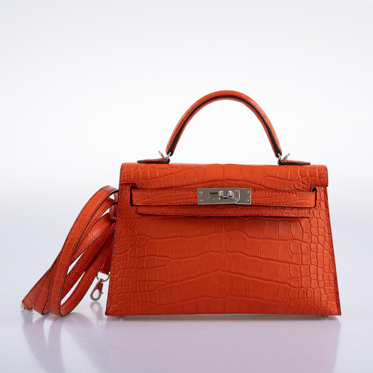 Hermes Mini Kelly 20, Poppy Matte Alligator, Palladium Hardware