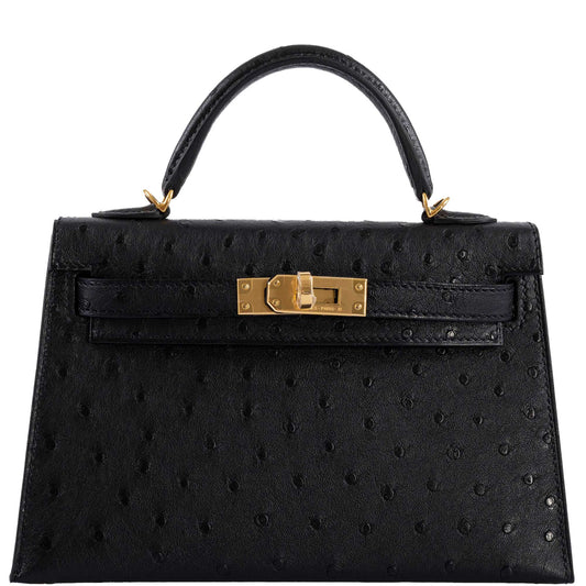Hermes Kelly 20 Mini, Sellier Black Ostrich Gold Hardware