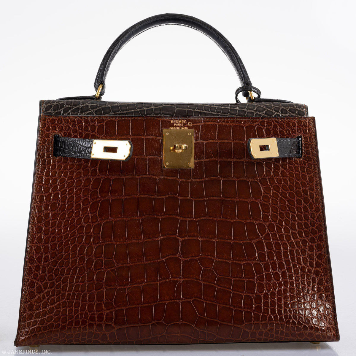 Hermes Kelly 28 Alligator, Sellier Miel, Graphite, Black Gold