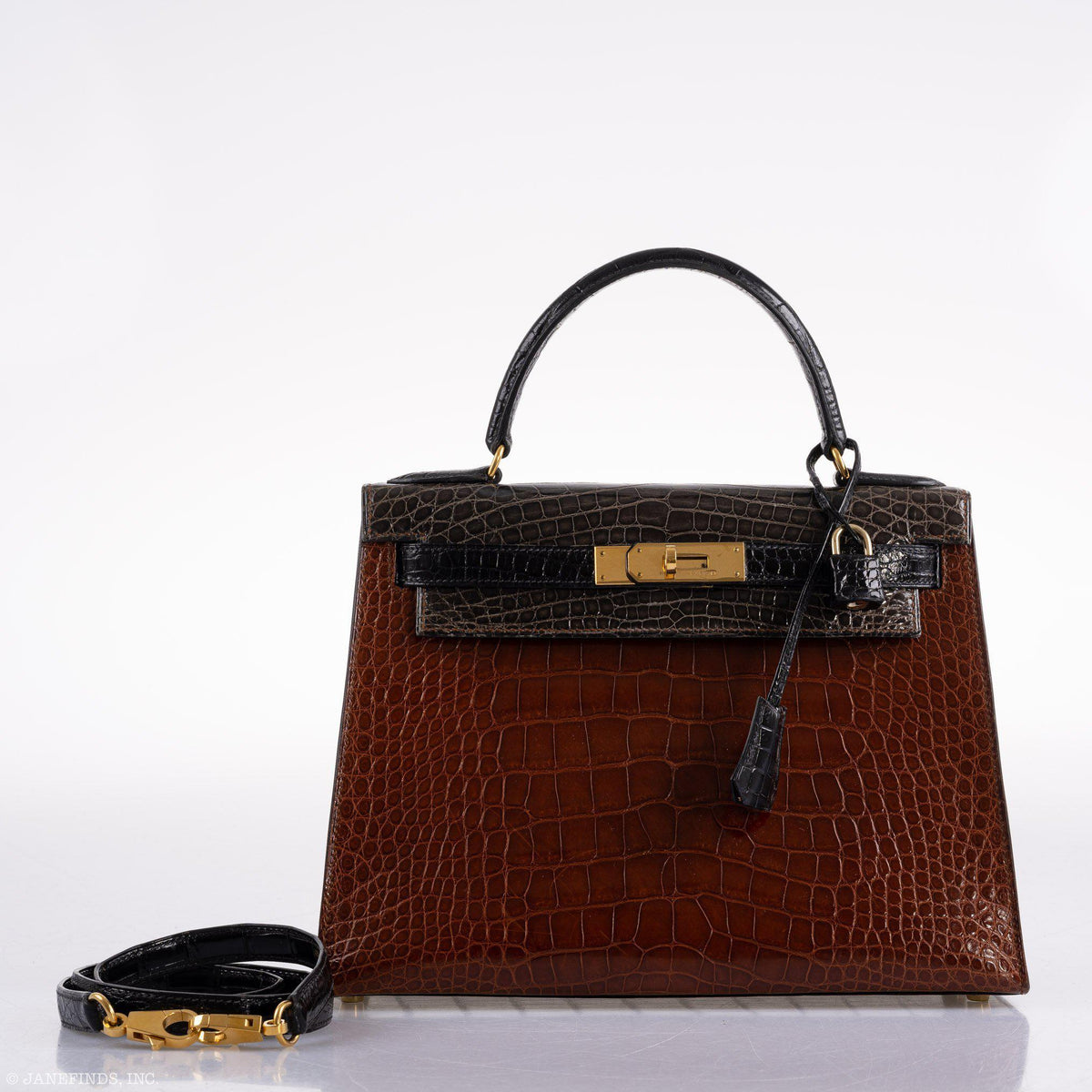 Hermes Kelly 28 Alligator, Sellier Miel, Graphite, Black Gold