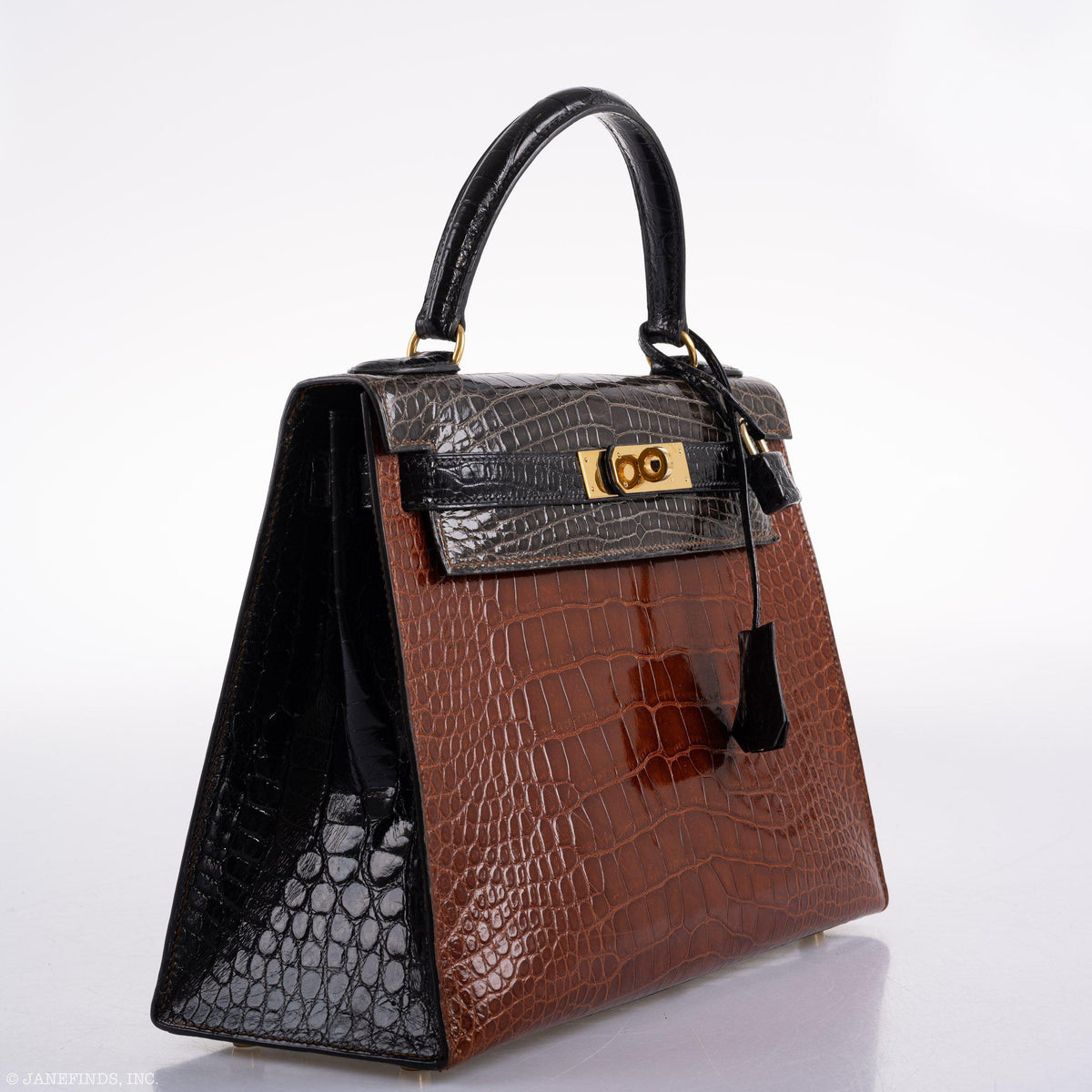 Hermes Kelly 28 Alligator, Sellier Miel, Graphite, Black Gold