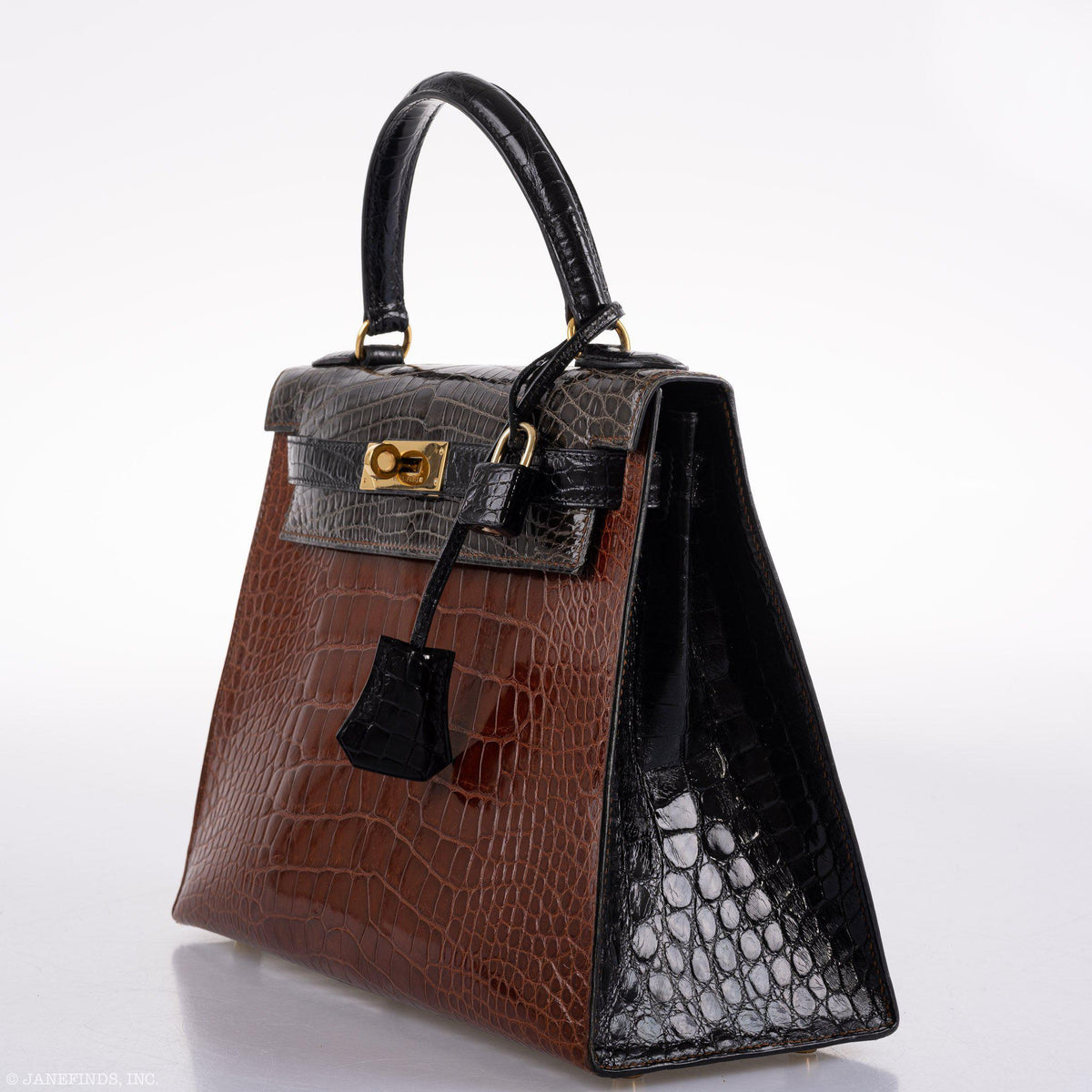Hermes Kelly 28 Alligator, Sellier Miel, Graphite, Black Gold