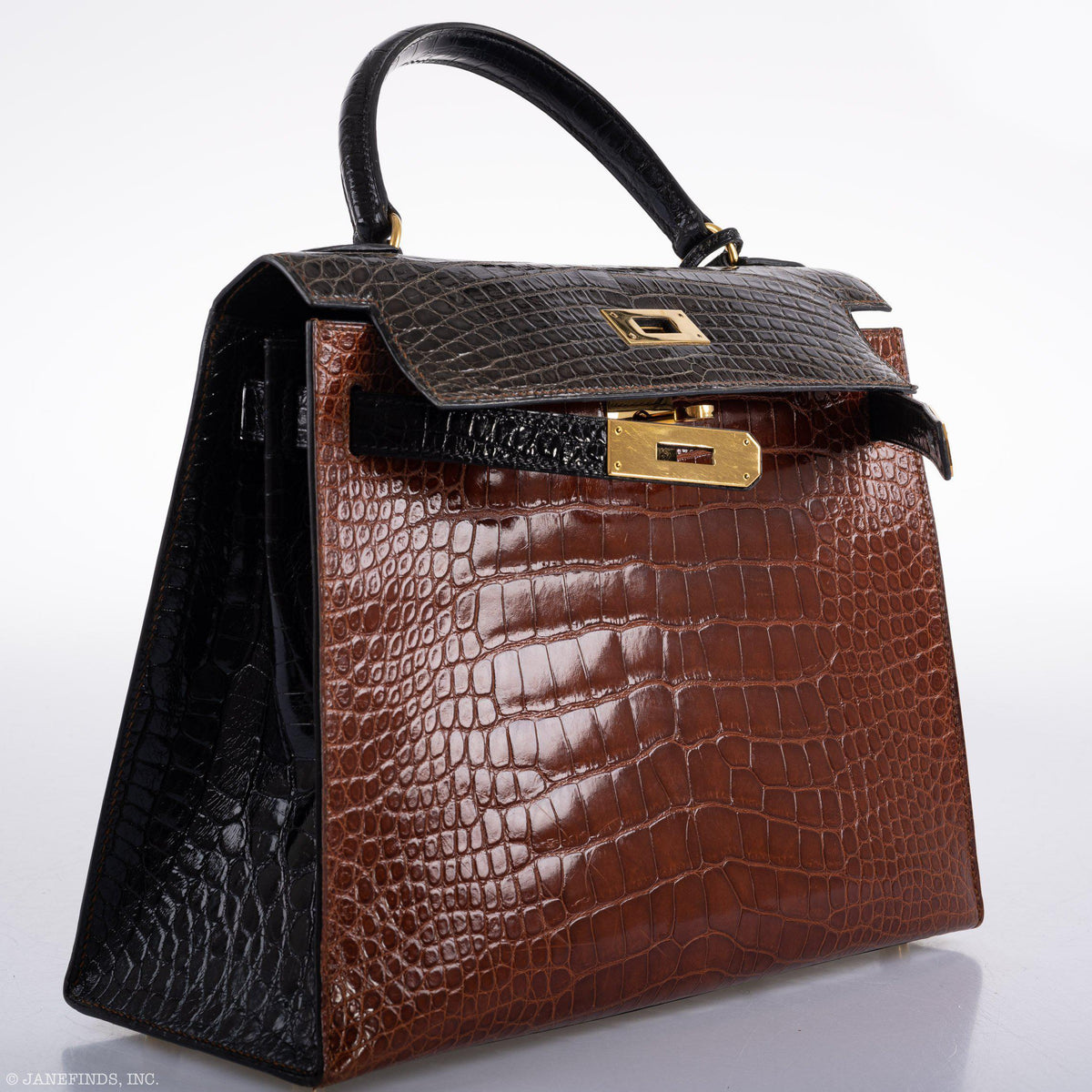 Hermes Kelly 28 Alligator, Sellier Miel, Graphite, Black Gold