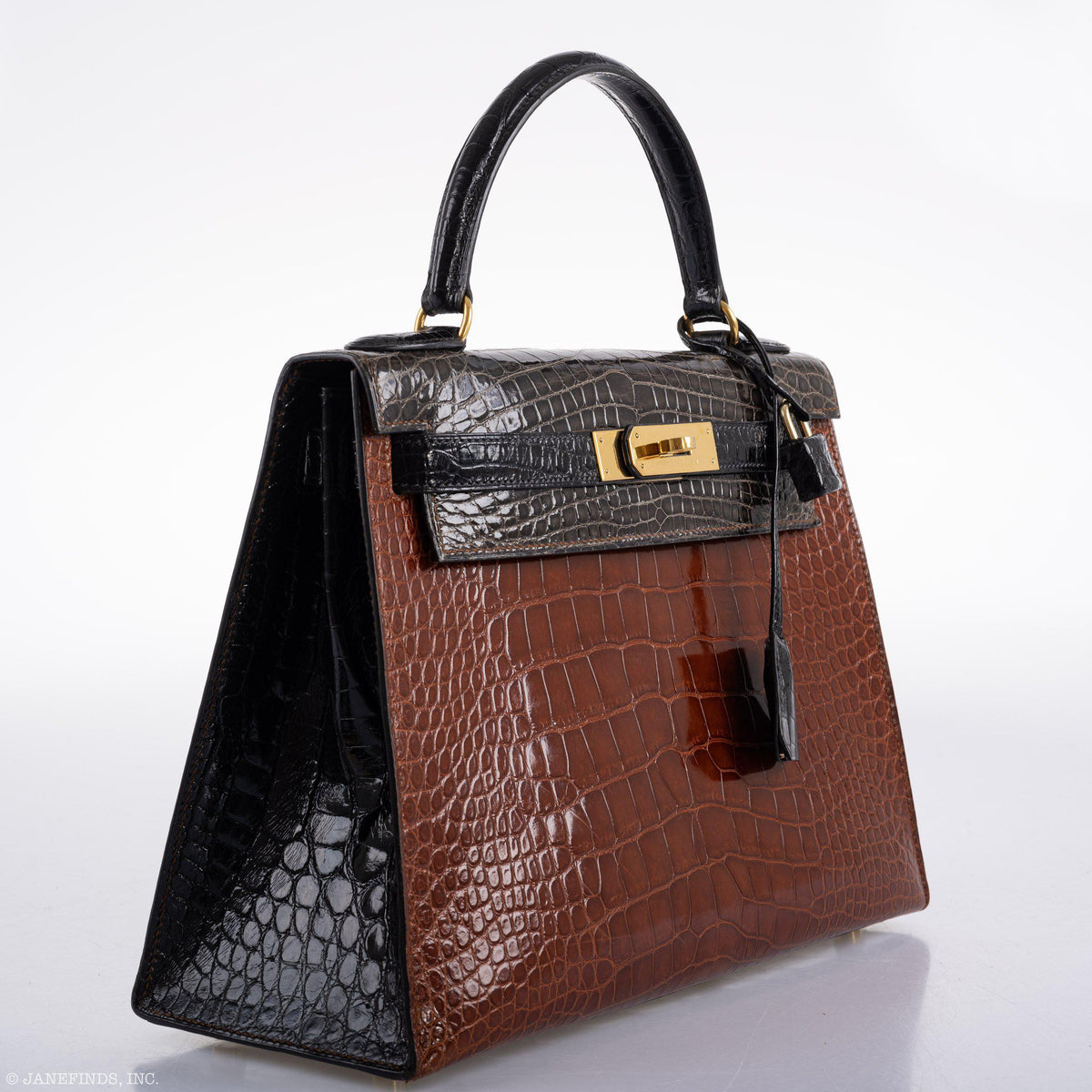 Hermes Kelly 28 Alligator, Sellier Miel, Graphite, Black Gold