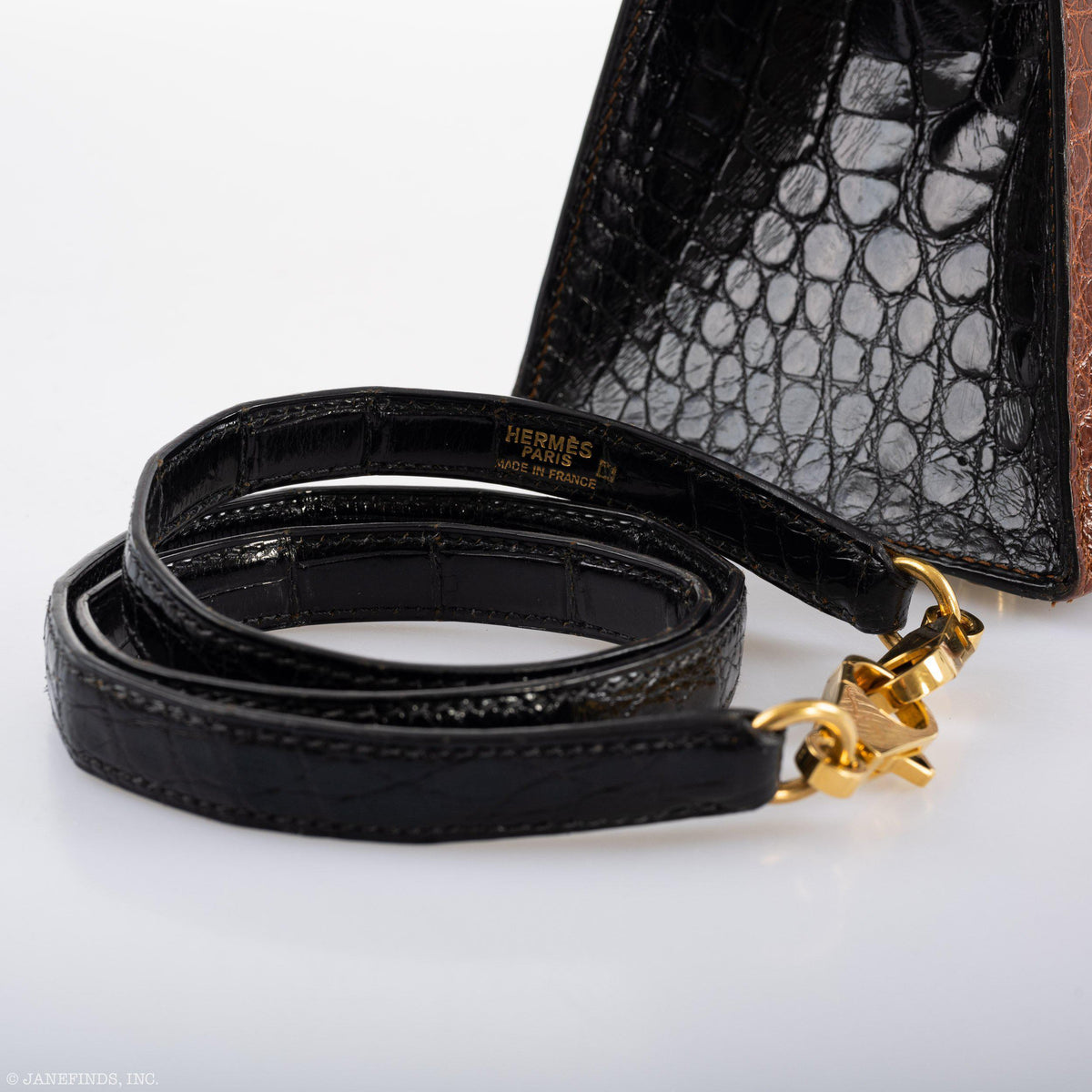 Hermes Kelly 28 Alligator, Sellier Miel, Graphite, Black Gold