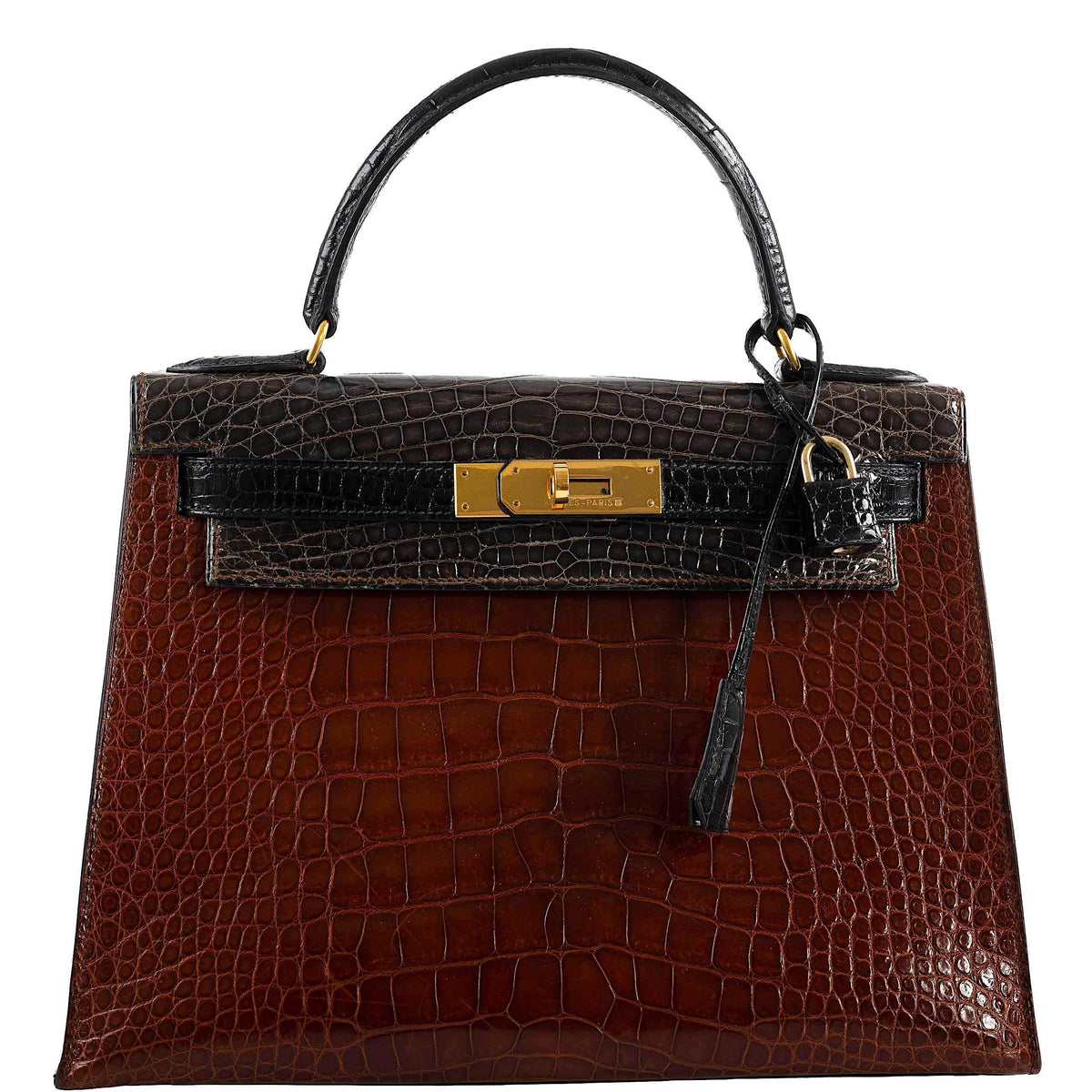 Hermes Kelly 28 Alligator, Sellier Miel, Graphite, Black Gold