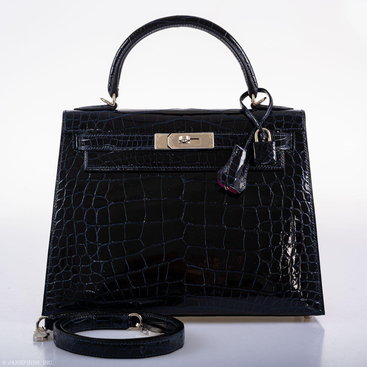 Hermes Kelly 28 Sellier Verso, Blue Marine Crocodile, Palladium