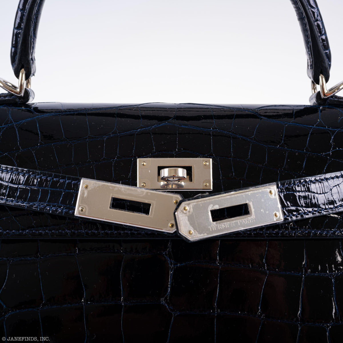 Hermes Kelly 28 Sellier Verso, Blue Marine Crocodile, Palladium