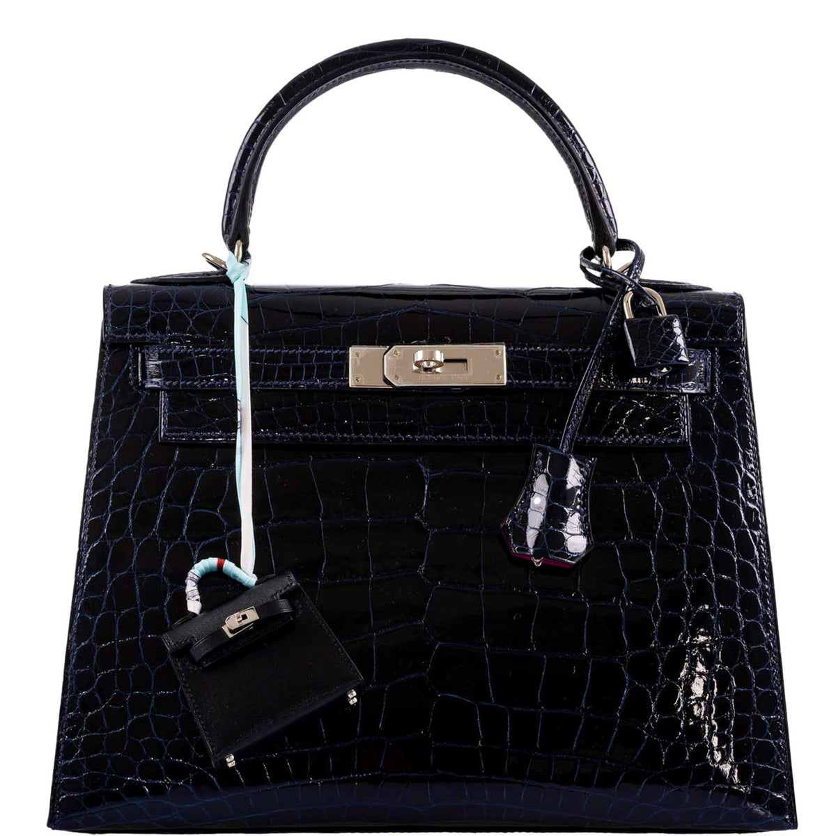 Hermes Kelly 28 Sellier Verso, Blue Marine Crocodile, Palladium