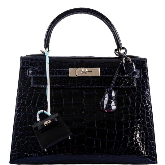 Hermes Kelly 28 Sellier Verso, Blue Marine Crocodile, Palladium